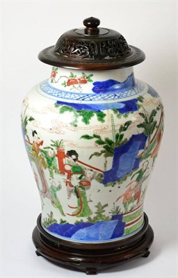 Lot 37 - A Chinese Wucai Porcelain Baluster Jar, in Kangxi style, painted with mothers and children in a...