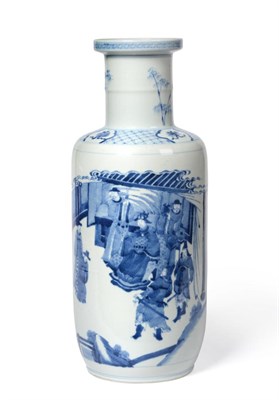 Lot 41 - A Chinese Porcelain Rouleau Vase, Kangxi, painted in underglaze blue with a dignitary and...