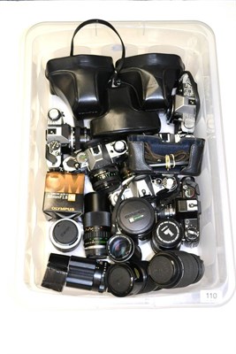 Lot 110 - Olympus Cameras 3xOM10, OM20 and OM30; Canon 2xAE1 and AT1 and a Jenaflex AM1 and various...