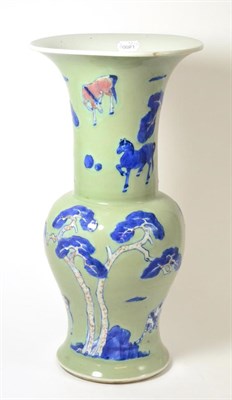 Lot 44 - A Chinese Porcelain Celadon Ground YenYen Vase, 19th century, painted in underglaze blue and...