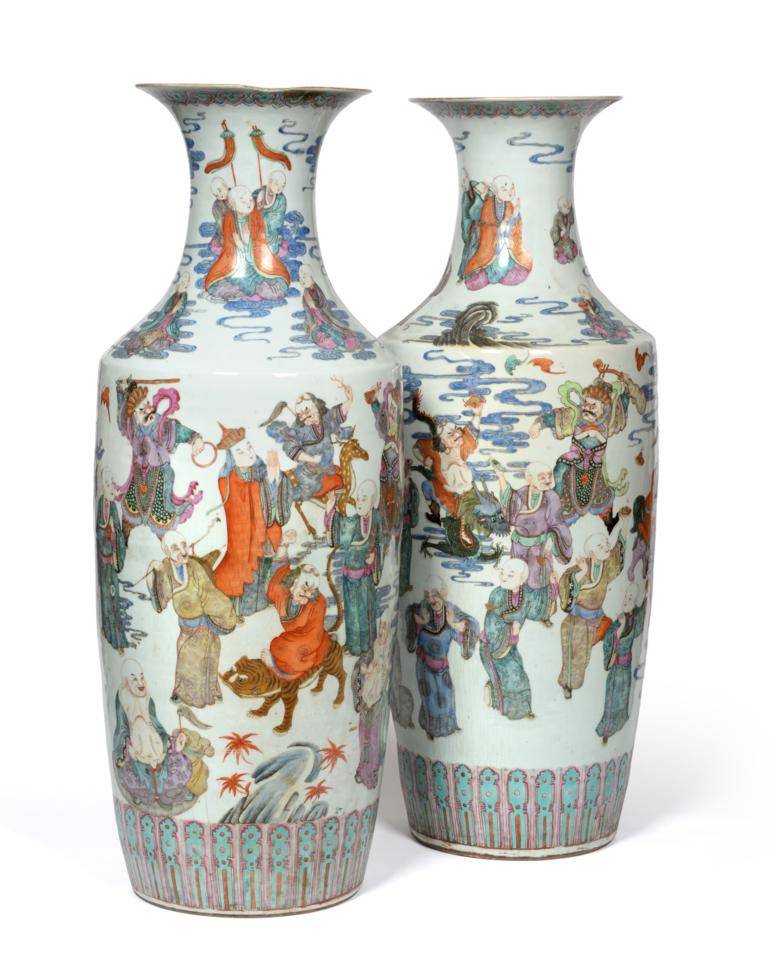 Lot 47 - A Pair of Chinese Porcelain Large Baluster Vases, 19th century, the trumpet necks painted in...