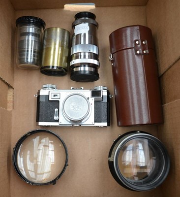 Lot 159 - Zeiss Ikon Contax Camera with Sonnar f1.5, 50mm lens; together with various lenses: Carl Zeiss Jena