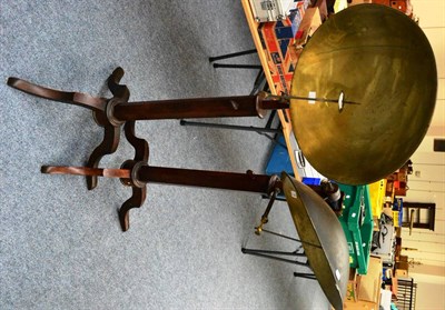Lot 19 - Pair Of Adjustable Brass Burning Mirrors 20";, 51cm diameter on adjustable wooden stands with...