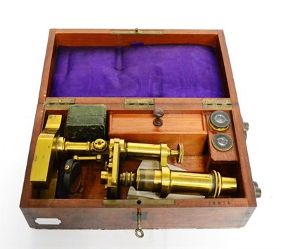 Lot 36 - Hartnack & Prasmowski (Paris) Brass Microscope with draw tube focusing in mahogany case with...