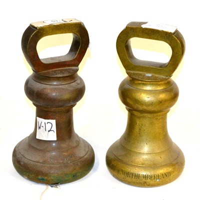 Lot 53 - Two 56lb Brass Bell Weights, with various monarchs stamps, both marked 'County of Northumberland'