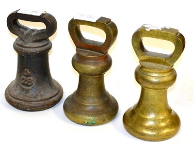Lot 54 - Two 28lb Brass Bell Weights, with various monarchs stamps, one by Avery, both marked 'County of...