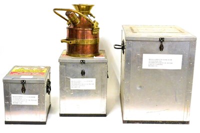 Lot 57 - A Graduated Set of Three Copper and Brass Petrol Measures, comprising 2 litre, 5 litre and 20...