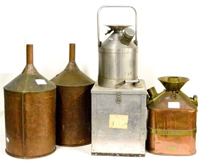 Lot 58 - Three Petrol Measures, comprising a 5 gallon copper and brass measure, and two 10 litre...