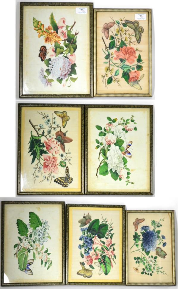 Lot 70 - Seven Chinese Rice Paper Paintings, 19th century, each depicting flowers and insects, various...