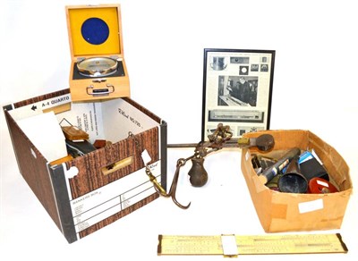 Lot 70 - Scales, Weights and Other Accessories, including a cased set of twelve egg poises, cased barometer