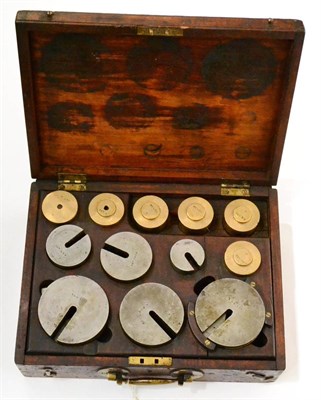 Lot 75 - Circular Slot Weights set of 14 marked from 3lbs to 1000lbs and with Broadarrow, in wooden case...