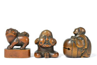 Lot 77 - A Japanese Wood Netsuke,  19th century, as an ape with a No mask, 3cm;  A Similar Netsuke,  as...