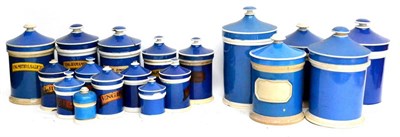 Lot 93 - Eighteen Blue Pottery Drug Jars and Lids, some with labels, various sizes, variable condition