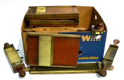 Lot 115 - Eight Mahogany and Brass Pill Rolling Slabs, some with marble bases, various sizes