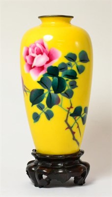 Lot 83 - A Japanese Wireless Cloisonné Baluster Vase, 20th century, decorated with a pink rose spray on...