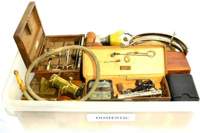 Lot 130 - Mixed Medical Equipment, including a mahogany cased part post mortem set, containing a saw,...