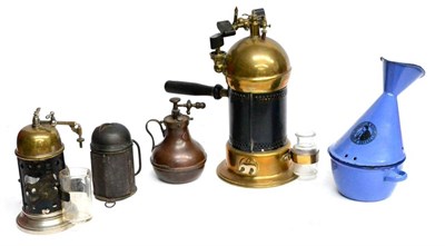 Lot 137 - Medical Metalware, comprising a large brass carbolic spray device, a smaller model, an enamel...