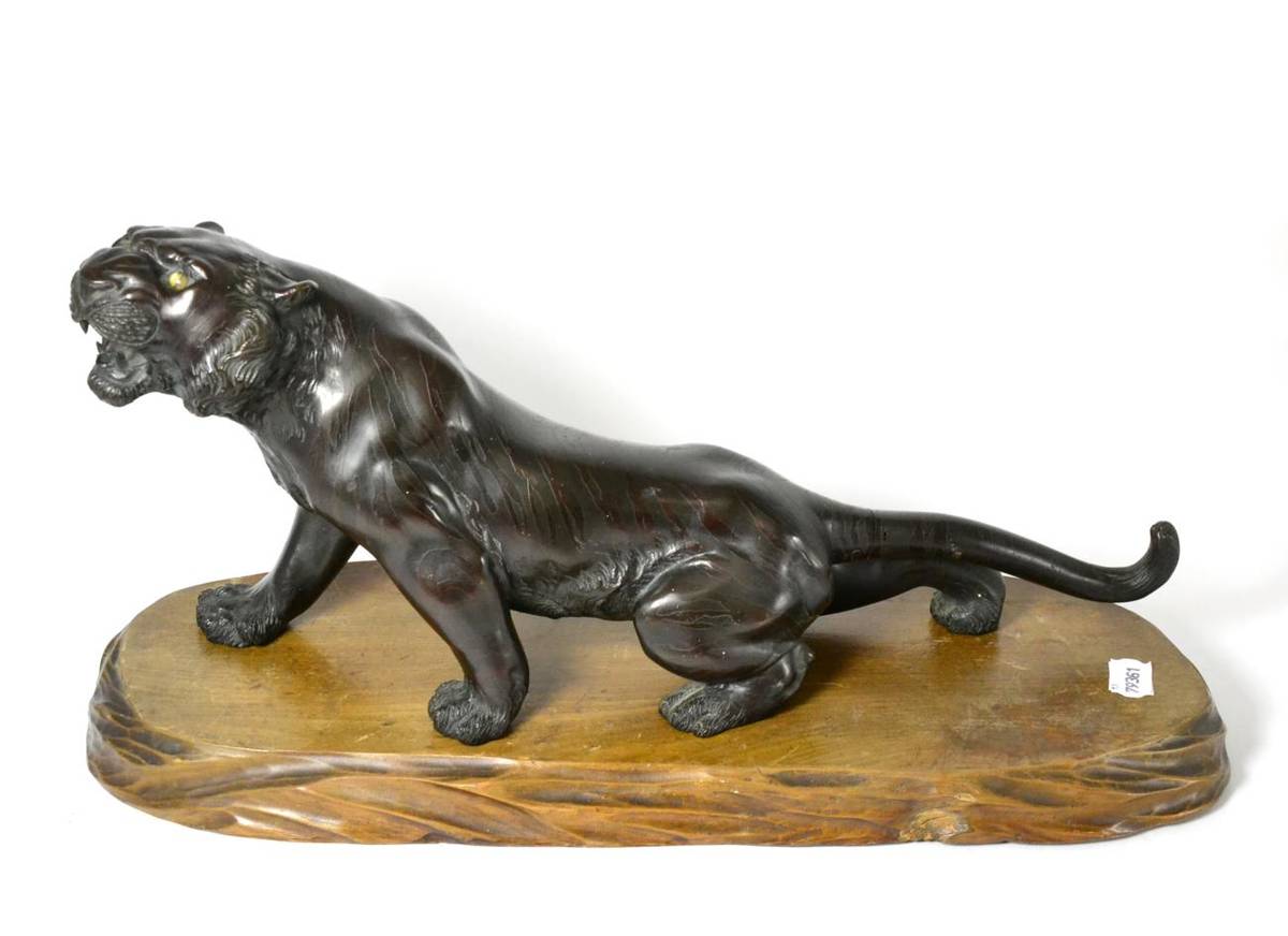 Lot 84 - A Japanese Bronze Figure of a Tiger, Meiji period, the crouching beast with naturalistic...