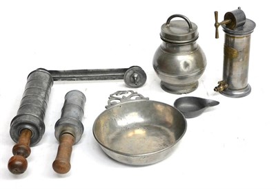 Lot 138 - Medical Pewterware, including a French douche machine, a large reservoir type enema device, a...