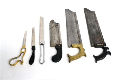 Lot 148 - Six Bone Saws, including three with ebony handles, two with brass handles and one with chrome...