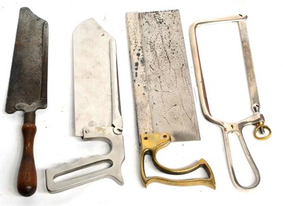 Lot 167 - Four Steel Bone Saws, one with brass handle by Arnold & Sons, two with chrome handles, one by...