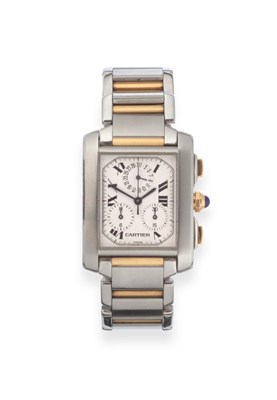 Lot 90 - A Steel and Gold Calendar Chronograph Wristwatch, signed Cartier, model: Tank Francaise Chronoflex
