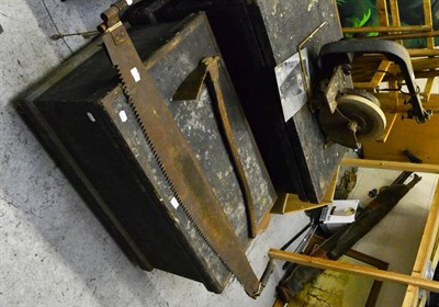 Lot 205 - A Pine Tool Box and Tools, including a grinding wheel, two large saws, Hobbies Minor, adze etc