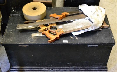 Lot 211 - A Pine Toolbox and a Quantity of Tools, including panel and tenon saws, plough, smoothing and other