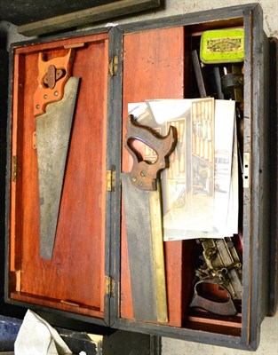 Lot 212 - A Pine Toolbox and Contents, including chariot plane, plough plane, saws, mortise gauges, screw...