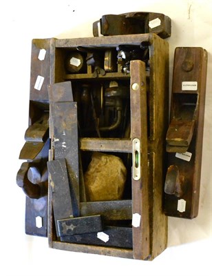 Lot 217 - Woodworking Tools, including three beech planes, squares, spirit level etc