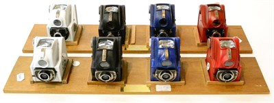 Lot 228 - Ensign Eight Ful-Vue Cameras two in original black the others repainted in white, red and blue,...