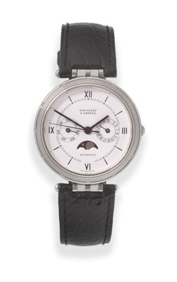Lot 111 - A Stainless Steel Automatic Calendar Centre Seconds Moonphase Wristwatch, signed Van Cleef &...