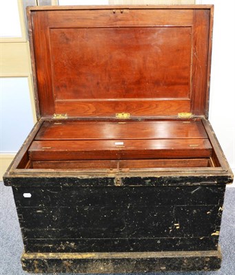 Lot 206A - A Large Pine Tool Box, with iron strapping and fitted mahogany interior, raised on castors