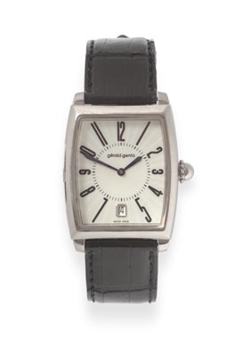 Lot 124 - An 18ct White Gold Tonneau Shaped Automatic Calendar Wristwatch, signed Gerald Genta, circa...