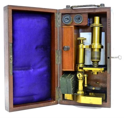 Lot 30 - Hartnack & Prasmowski (Paris) Brass Microscope with draw tube focusing in mahogany case with...