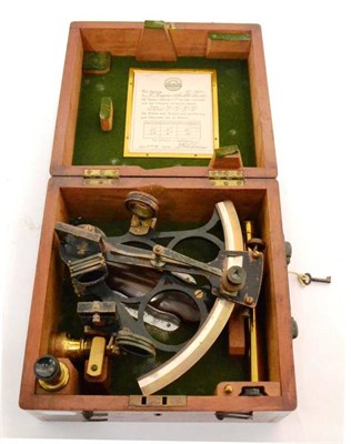 Lot 41 - H Hughes & Son (London) Sextant with black lacquered metal and Vernier scale, in mahogany case with