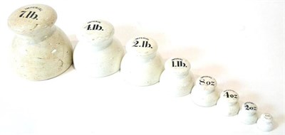 Lot 61 - Ceramic 7LB Weight Set consisting of 7lb, 4lb, 2lb,1lb, 8oz, 4oz, 2oz and 1oz, all in white...