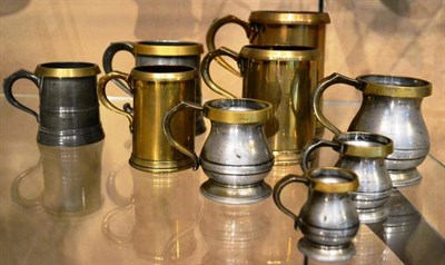 Lot 77 - Liquid Measures: including a trio of copper/brass: quart, pint and 1/2 pint (all stamped ER 527...