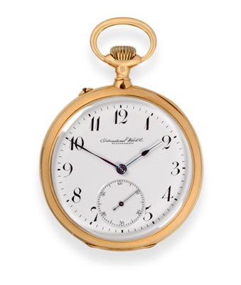 Lot 133 - ~ A 14ct Gold Open Faced Keyless Lever Pocket Watch, signed International Watch Co,...