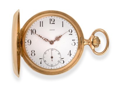 Lot 137 - ~ A 14ct Gold Full Hunting Cased Keyless Pocket Watch, signed Omega, circa 1920, lever...