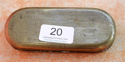 Lot 20 - Swedish Perpetual Calendar brass rectangular box with rounded ends and hinged lid, having...