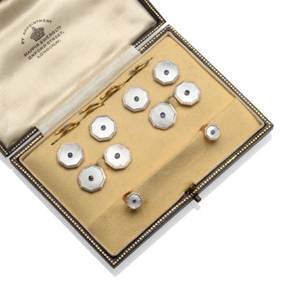 Lot 149 - A Mother-of-Pearl and Sapphire Dress Stud Set, comprising a pair of cufflinks, four buttons and two