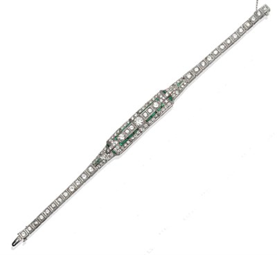 Lot 151 - ~ An Art Deco Style Emerald and Diamond Bracelet, set with round brilliant cut diamonds, and...