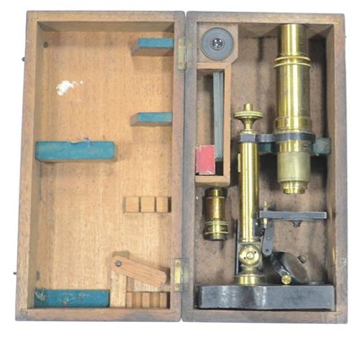 Lot 88 - Ross Microscope in lacquered brass with black stage and base in fitted mahogany case, dated 1855