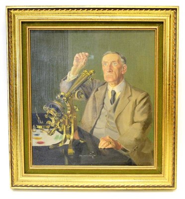 Lot 97 - Heda Armour (b.1916) Portrait of a scientist at his microscope and inspecting slides Signed, oil on