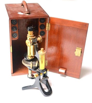 Lot 103 - W F Stanley (London) Stanpet Brass Microscope with black lacquered stand, circular stage, two...