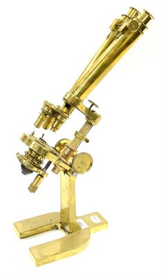 Lot 109 - James Smith Brass Binocular Microscope with tilting microscope, rack and pinion/thumb wheel...