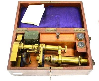 Lot 113 - Hartnack & Prasmowski (Paris) Brass Microscope with draw tube focusing in mahogany case with...
