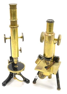 Lot 117 - E Gundlach Brass Microscope with black lacquered stand, variable iris and rack and pinion focussing