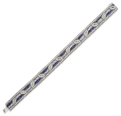 Lot 158 - ~ A Sapphire and Diamond Bracelet, the geometric links set with round brilliant cut diamonds,...